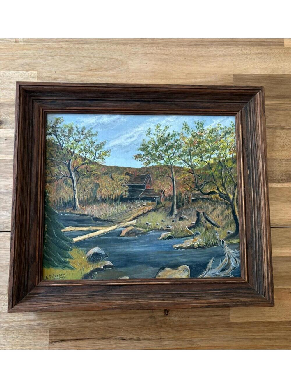 Vintage Signed Oil Painting Autumn Landscape River Cabin Framed A.Peterson 1975